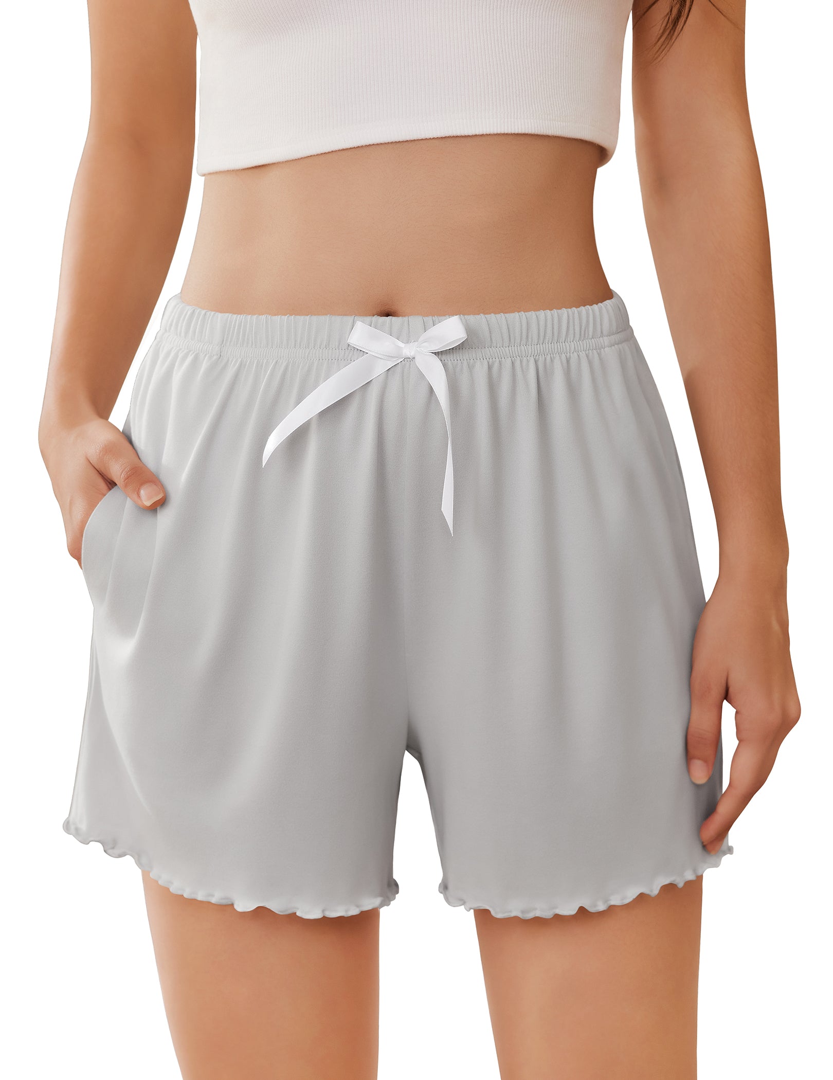 Ruffle Trim High Waist Pajama Shorts with Pockets