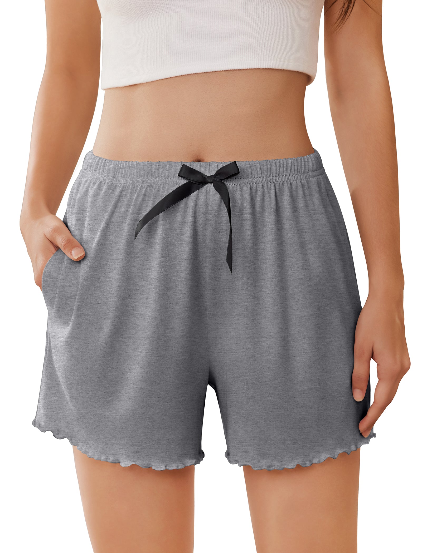 Ruffle Trim High Waist Pajama Shorts with Pockets