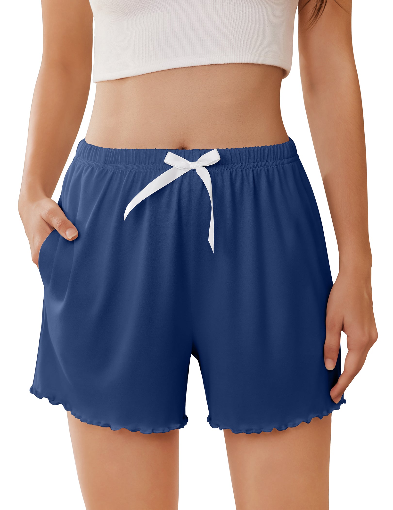 Ruffle Trim High Waist Pajama Shorts with Pockets