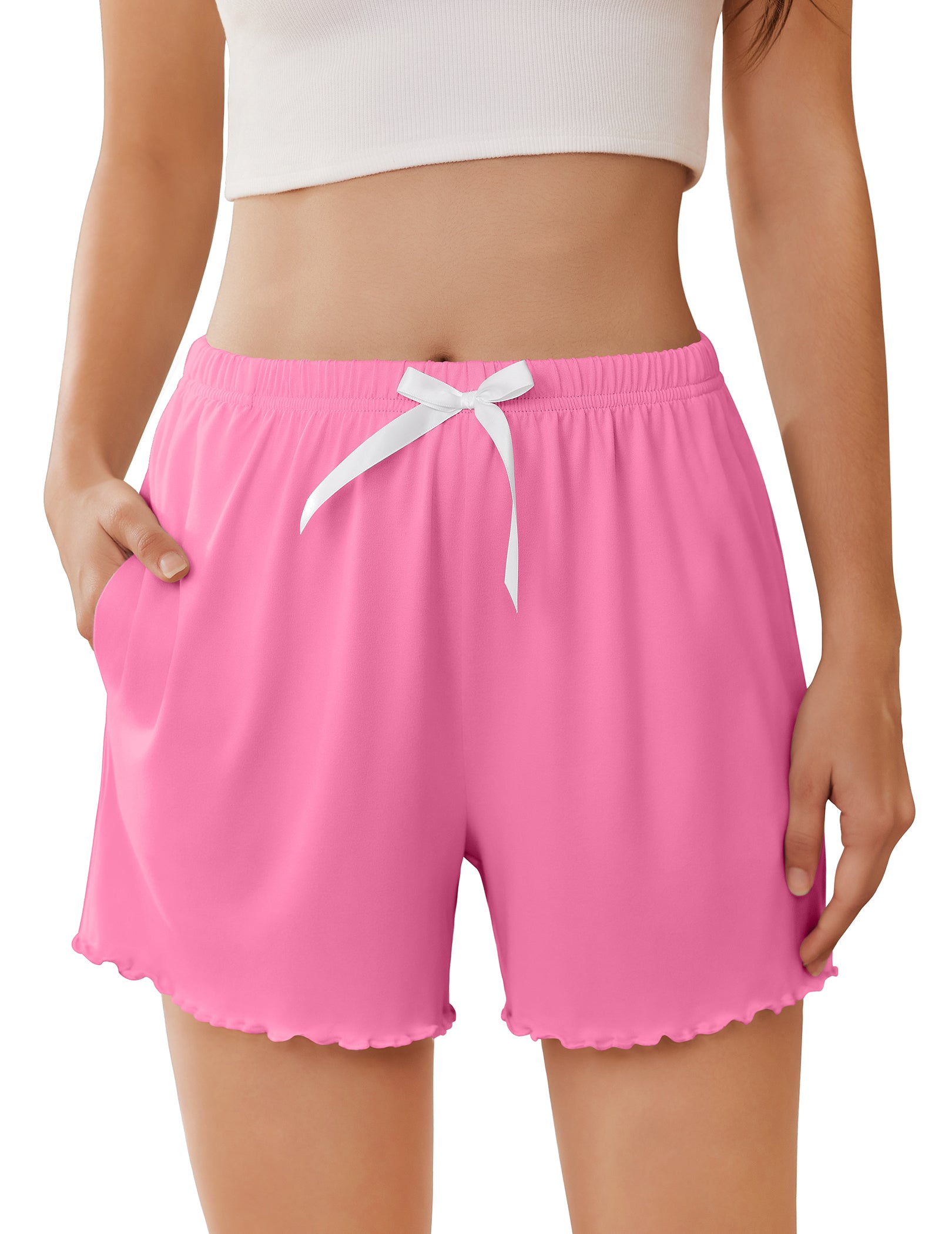 Ruffle Trim High Waist Pajama Shorts with Pockets