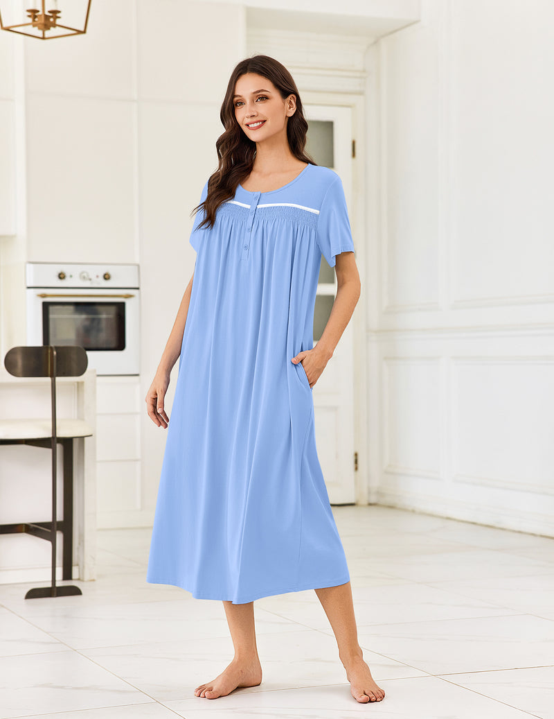 Light blue short-sleeve cotton nightgown with button front and pockets, gathered skirt