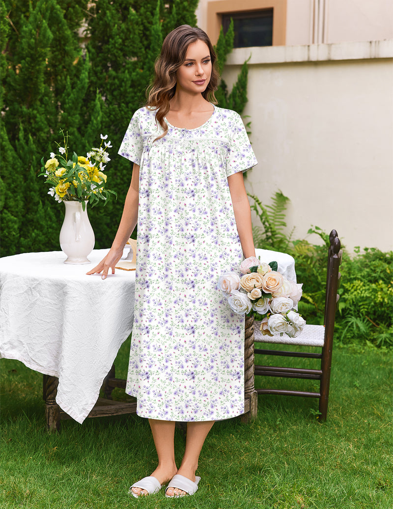 White short-sleeve cotton nightgown with button front and pockets, small purple floral print
