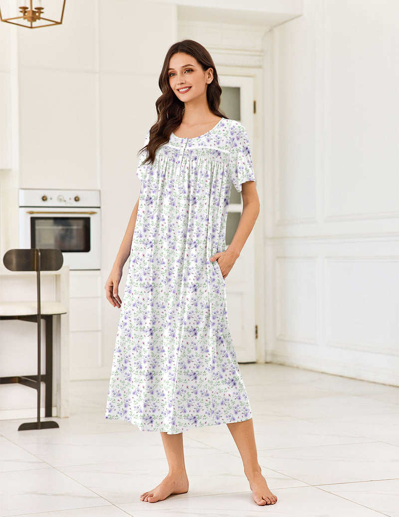 Cotton Victorian nightgown, lilac floral print, short sleeves, gathered bodice, mid-calf