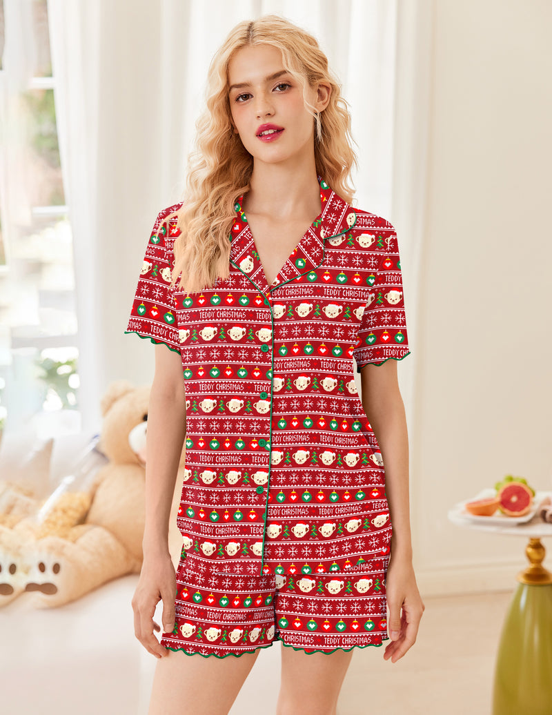 Teddy Short Sleeve Ribbed Knit 2 Piece Pjs Shorts Set