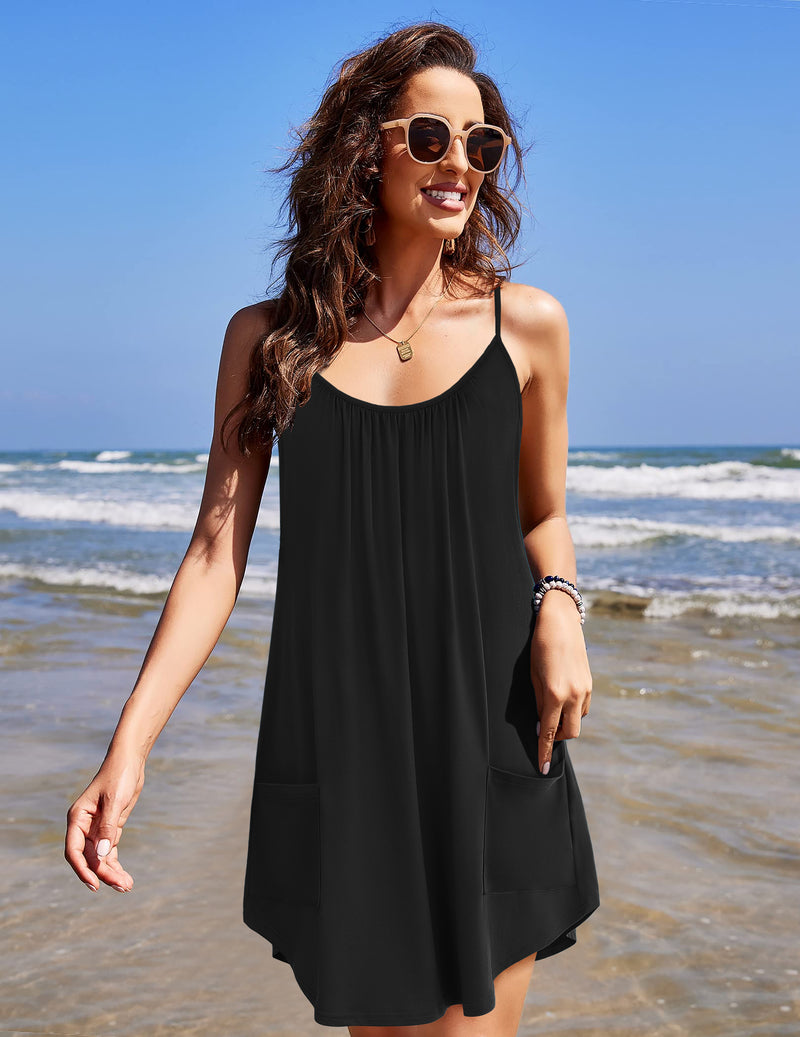 Sleeveless nightgown, black, spaghetti straps, gathered skirt