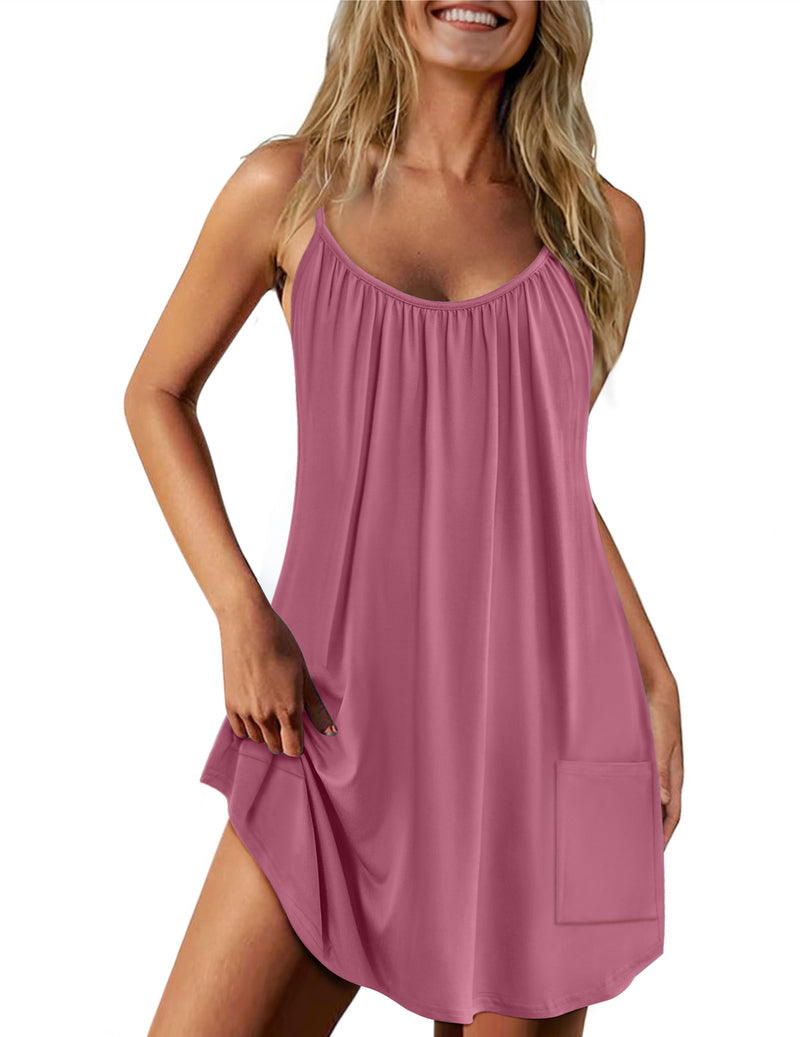 Spaghetti strap nightgown in mauve pink with side pockets