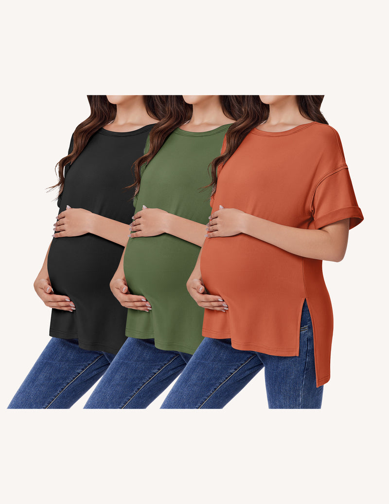 Ekouaer 3-Pack Women's Maternity Shirts | Short Sleeve Oversized Pregnancy Tops with Side Split S-XXL