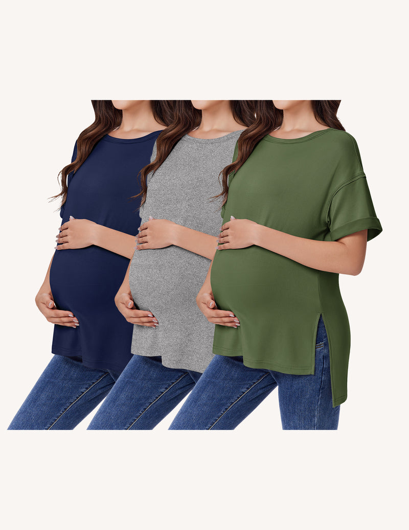 Ekouaer 3-Pack Women's Maternity Shirts | Short Sleeve Oversized Pregnancy Tops with Side Split S-XXL