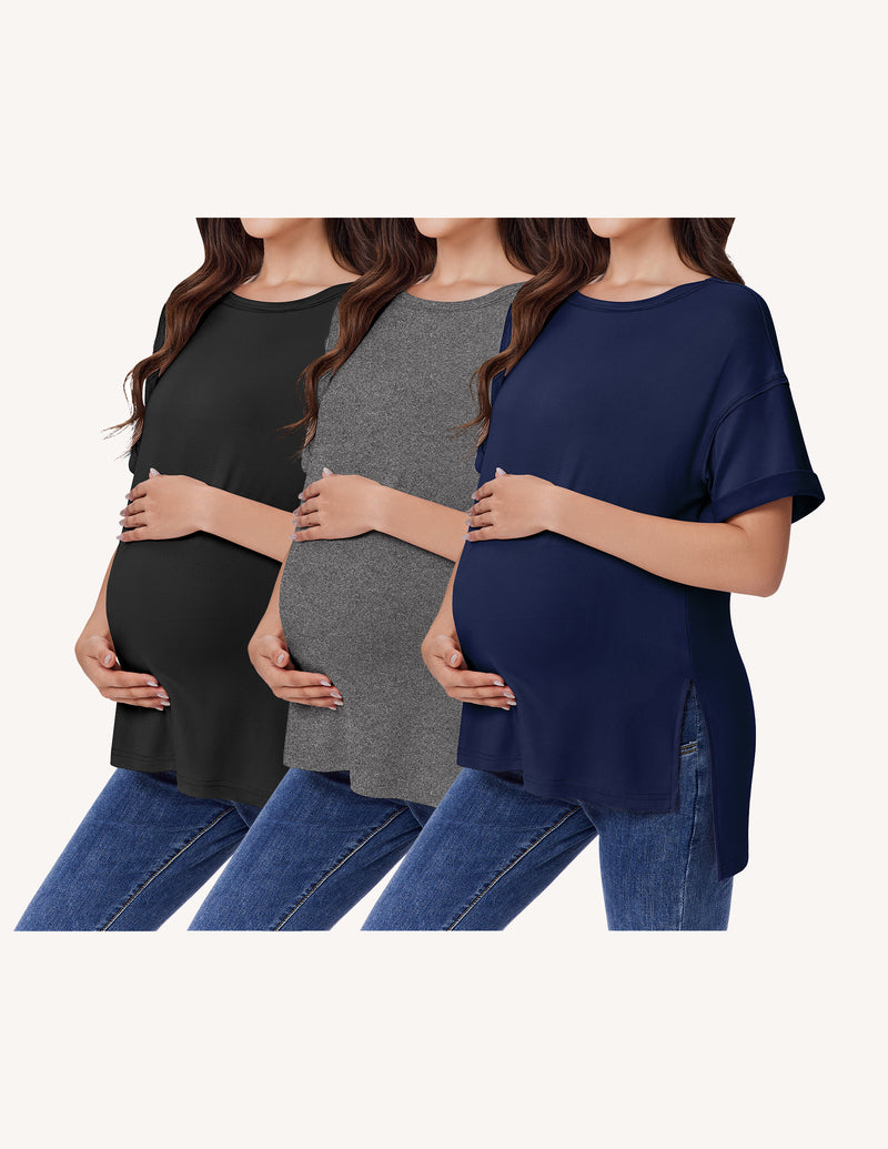 Ekouaer 3-Pack Women's Maternity Shirts | Short Sleeve Oversized Pregnancy Tops with Side Split S-XXL