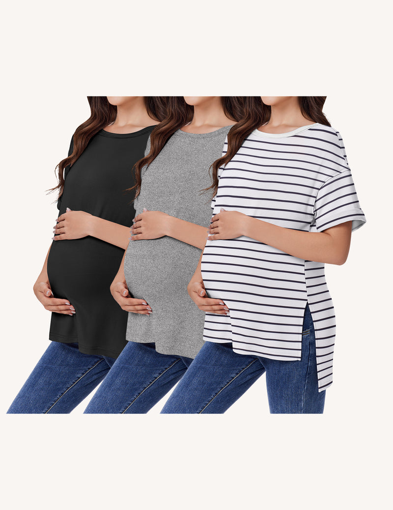 Ekouaer 3-Pack Women's Maternity Shirts | Short Sleeve Oversized Pregnancy Tops with Side Split S-XXL
