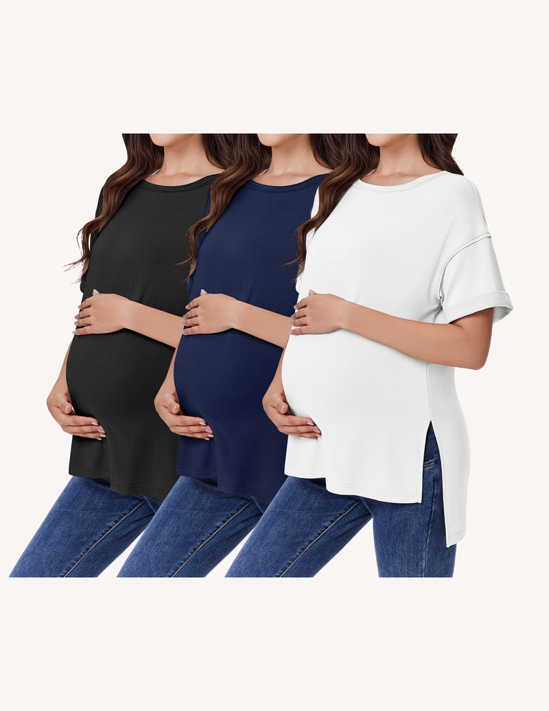 Ekouaer 3-Pack Women's Maternity Shirts | Short Sleeve Oversized Pregnancy Tops with Side Split S-XXL
