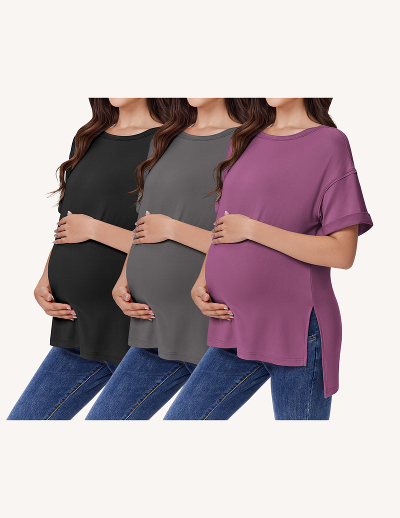 Ekouaer 3-Pack Women's Maternity Shirts | Short Sleeve Oversized Pregnancy Tops with Side Split S-XXL