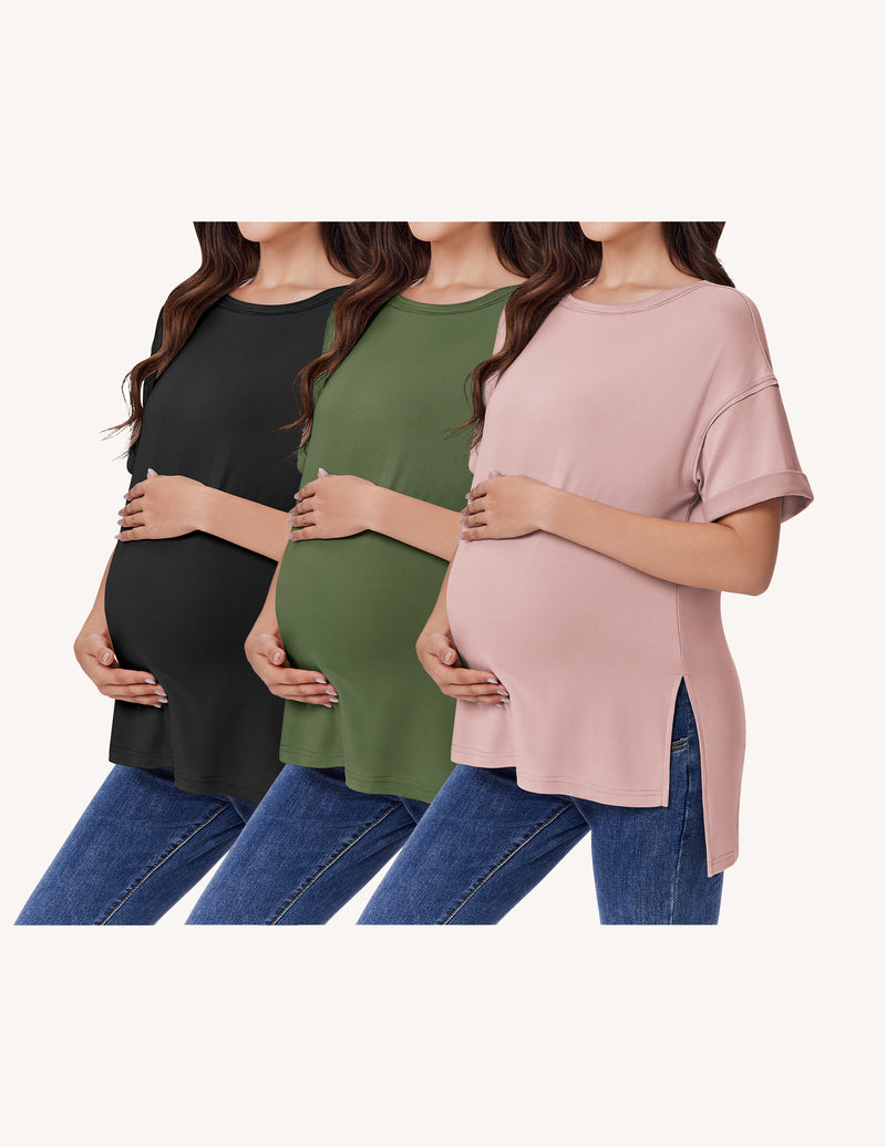 Ekouaer 3-Pack Women's Maternity Shirts | Short Sleeve Oversized Pregnancy Tops with Side Split S-XXL