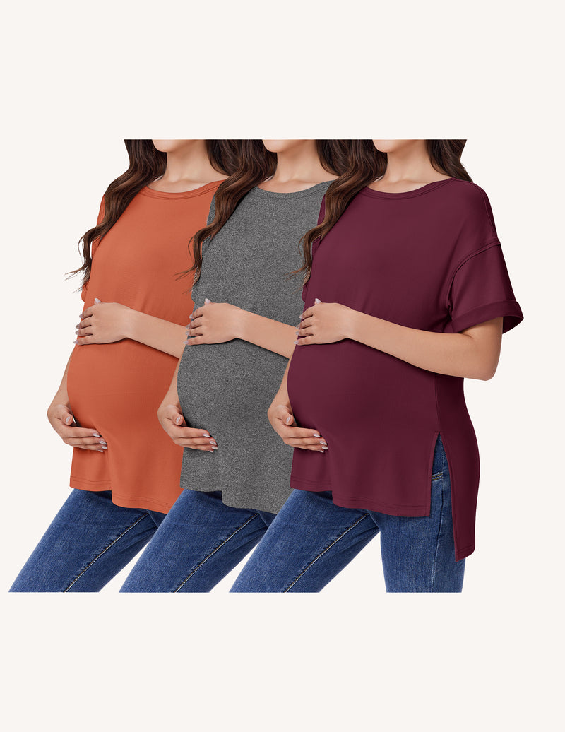 Ekouaer 3-Pack Women's Maternity Shirts | Short Sleeve Oversized Pregnancy Tops with Side Split S-XXL