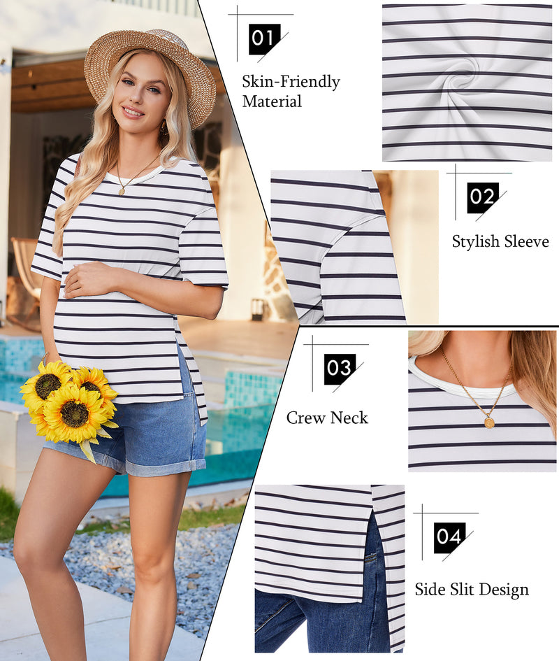 Ekouaer 3-Pack Women's Maternity Shirts | Short Sleeve Oversized Pregnancy Tops with Side Split S-XXL