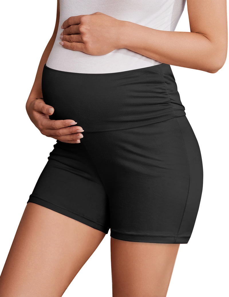 Maternity biker shorts, black, ruched waistband for stretch and comfort