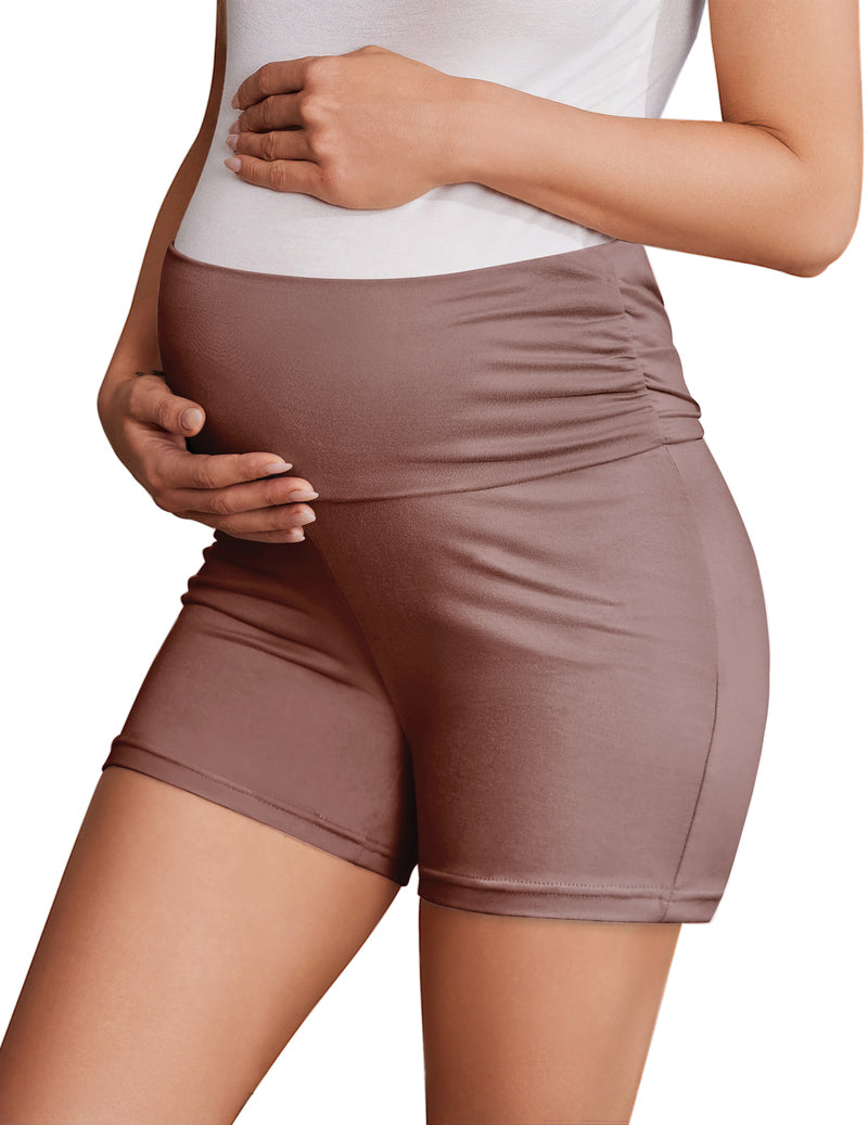 Maternity biker shorts, mauve/pinkish brown, ruched waistband for stretch and comfort