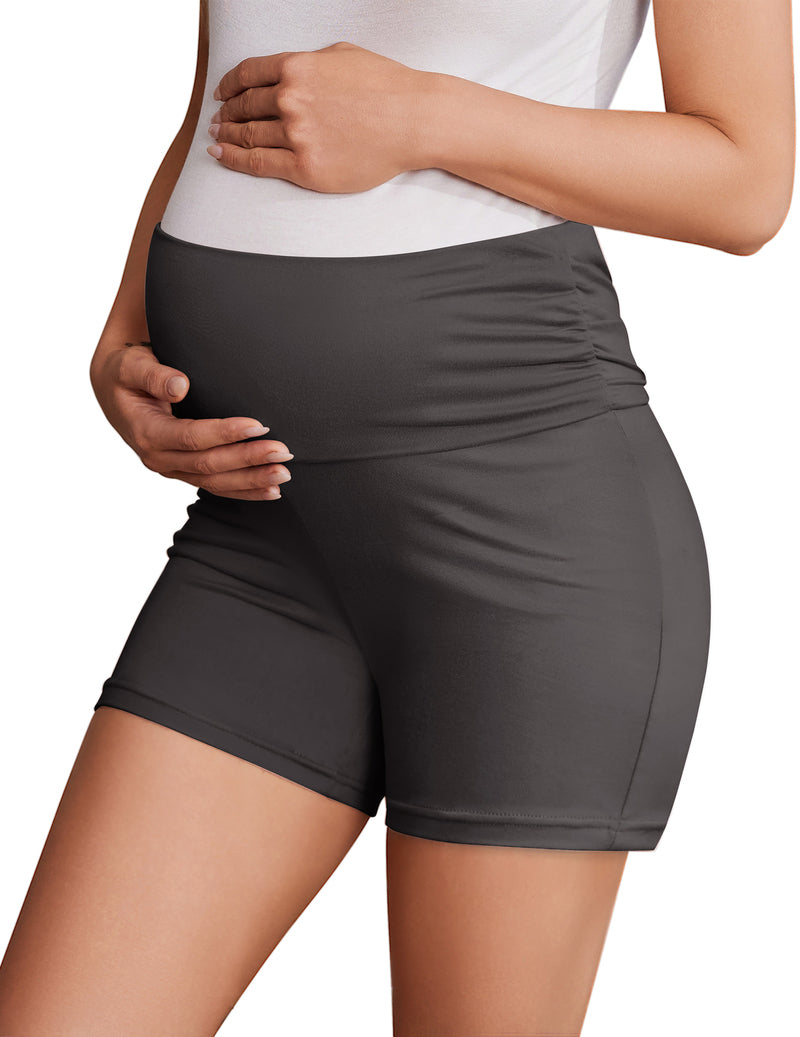 Maternity biker shorts, dark gray, ruched waistband for stretch and comfort