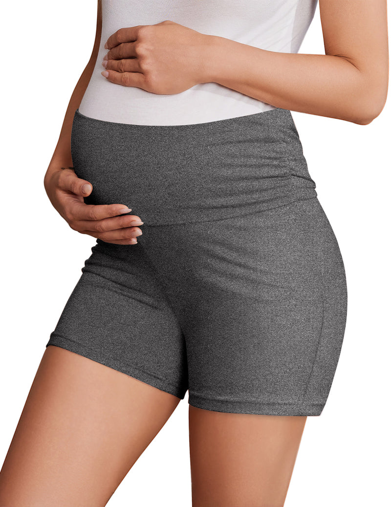 Maternity biker shorts, charcoal gray, ruched waistband for stretch and comfort