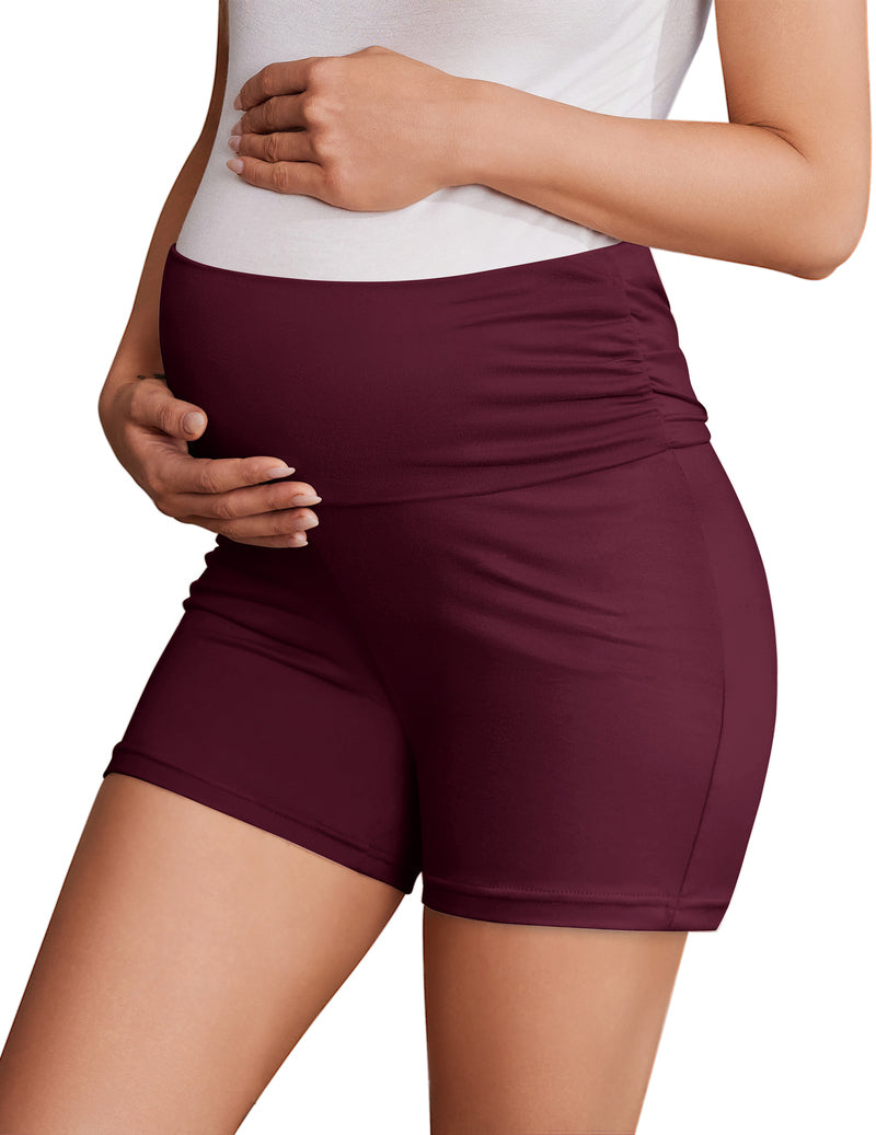 Maternity biker shorts, deep plum, ruched waistband for stretch and comfort