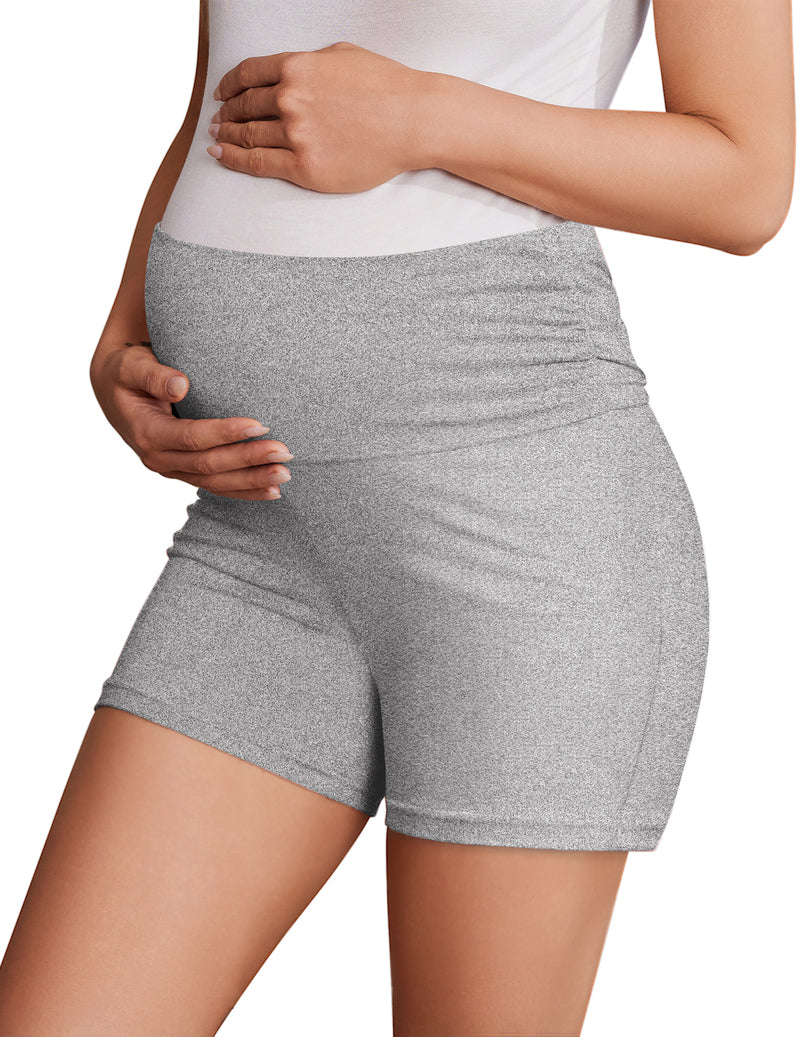 Maternity biker shorts, heather gray, ruched waistband for stretch and comfort