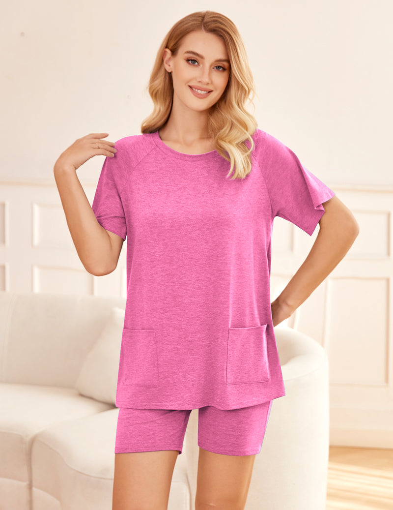 Crew neck tee and biker shorts lounge set, pink heather with side pocket on tee