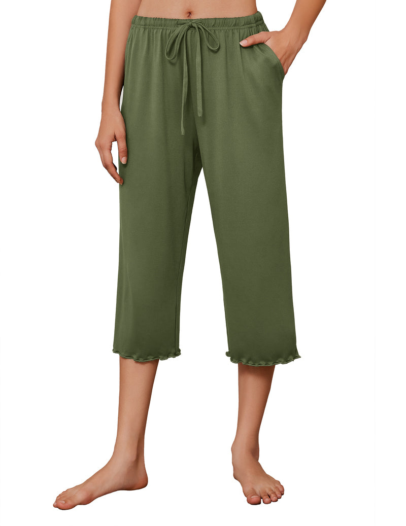 Olive green capri wide-leg pajama pants with drawstring waist, solid color.