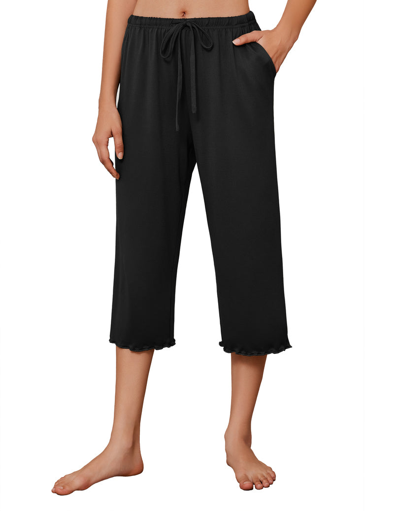 Black pajama capri pants with wide legs, drawstring waistband, cropped length