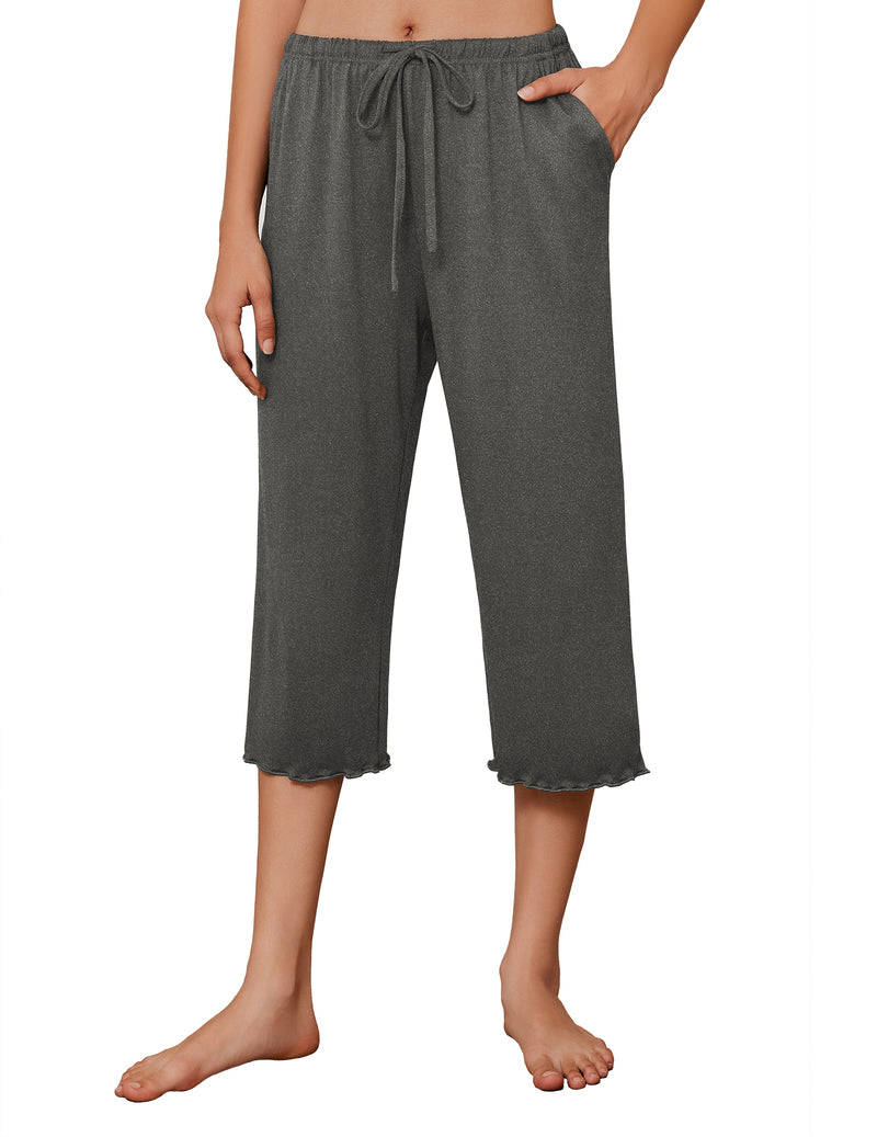 Dark gray capri wide-leg pajama pants with drawstring waist, solid color.