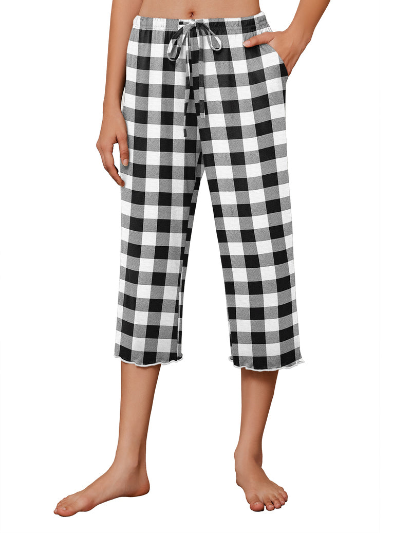 Black-and-white checkered capri wide-leg pajama pants with drawstring waist.