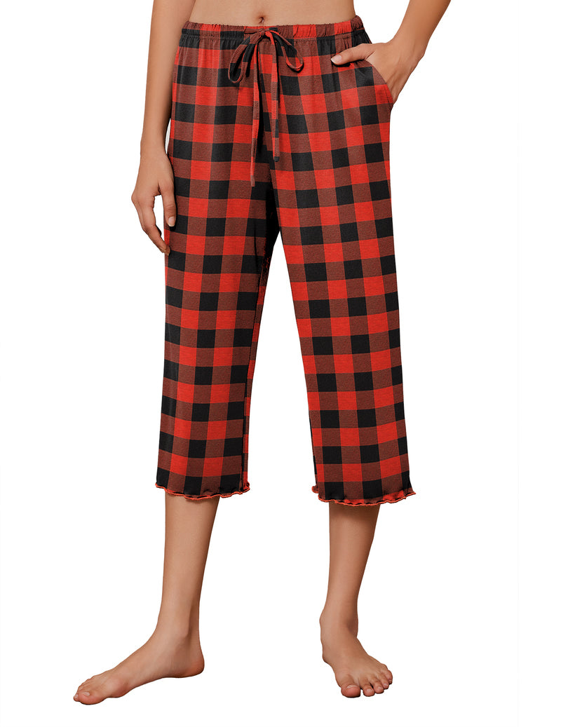 Red/black plaid capri pajama pants, drawstring waist, wide legs