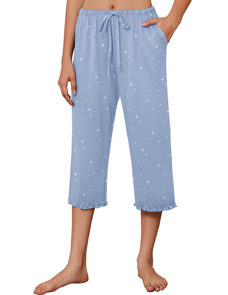 Light blue star print capri pajama pants, drawstring waist, wide legs