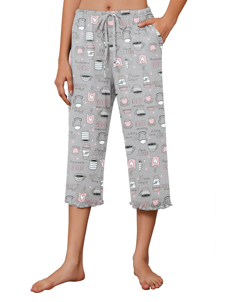 Gray pajama capri pants with wide legs, allover icon print, drawstring waist