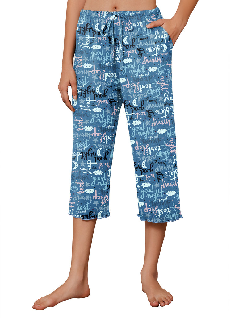 Blue pajama capri pants with wide legs, script and graphic print, drawstring waist