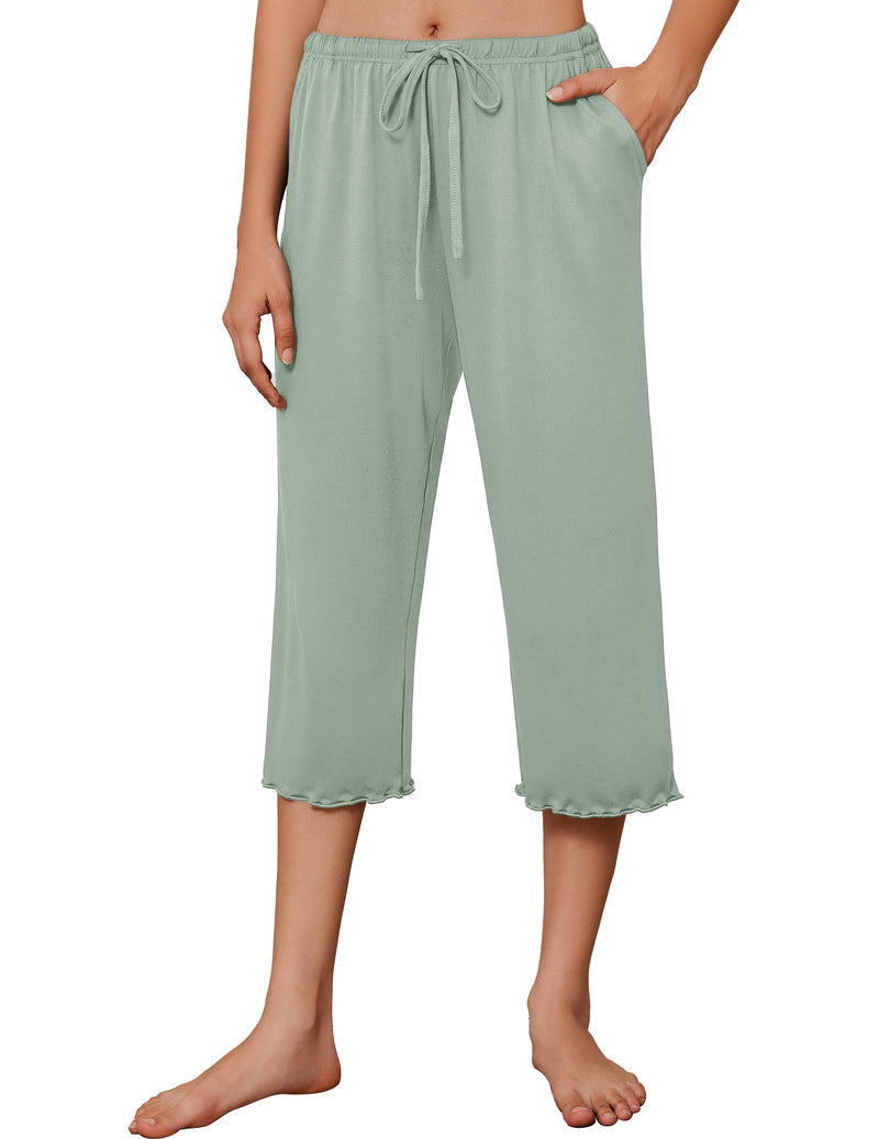 Sage green solid capri pajama pants with wide legs and drawstring waist.