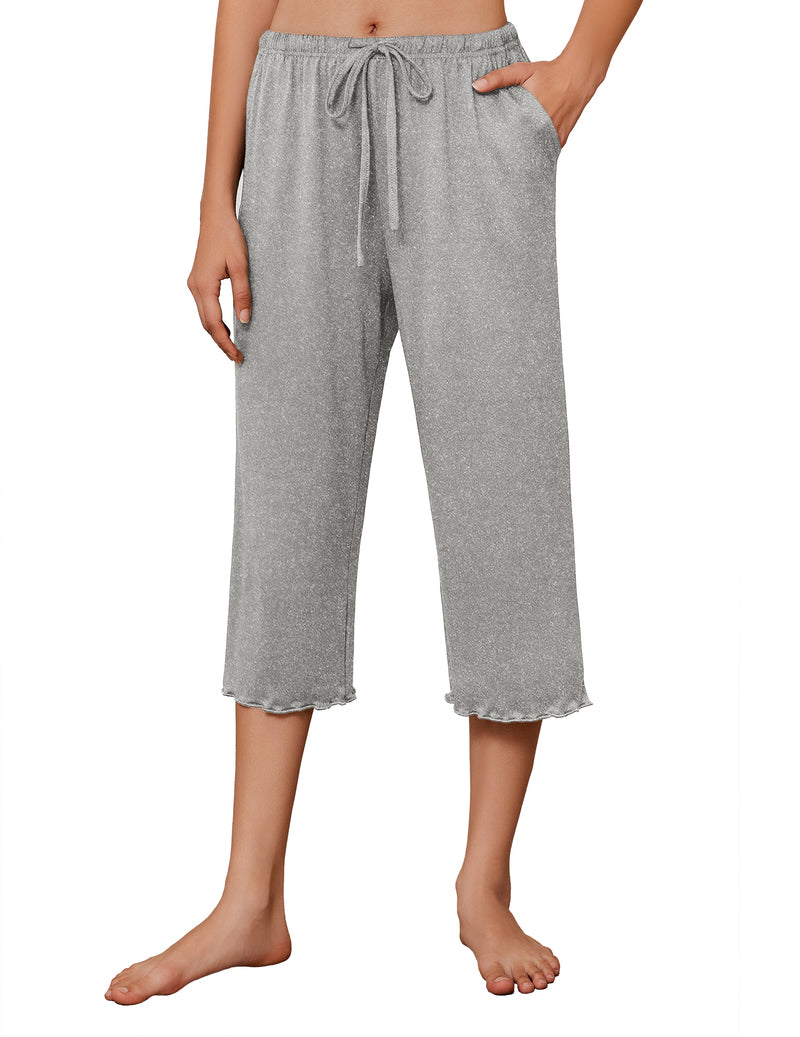 Heather gray solid capri pajama pants with wide legs and drawstring waist.