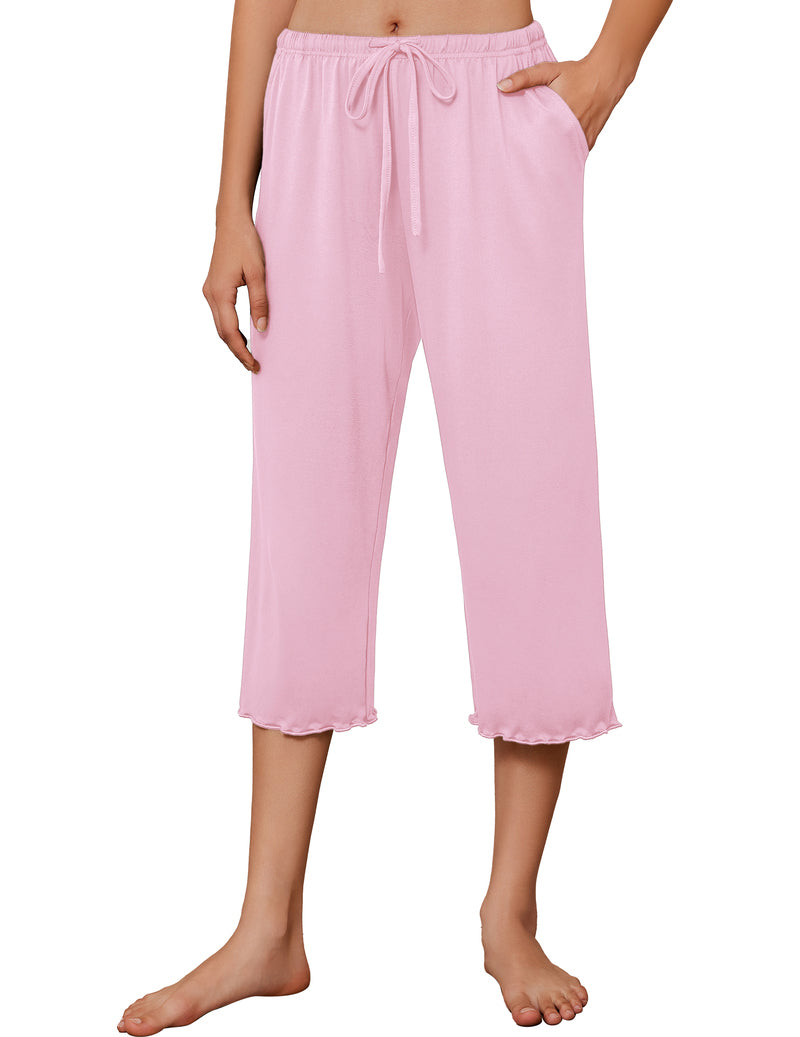 Light pink solid capri pajama pants with wide legs and drawstring waist.