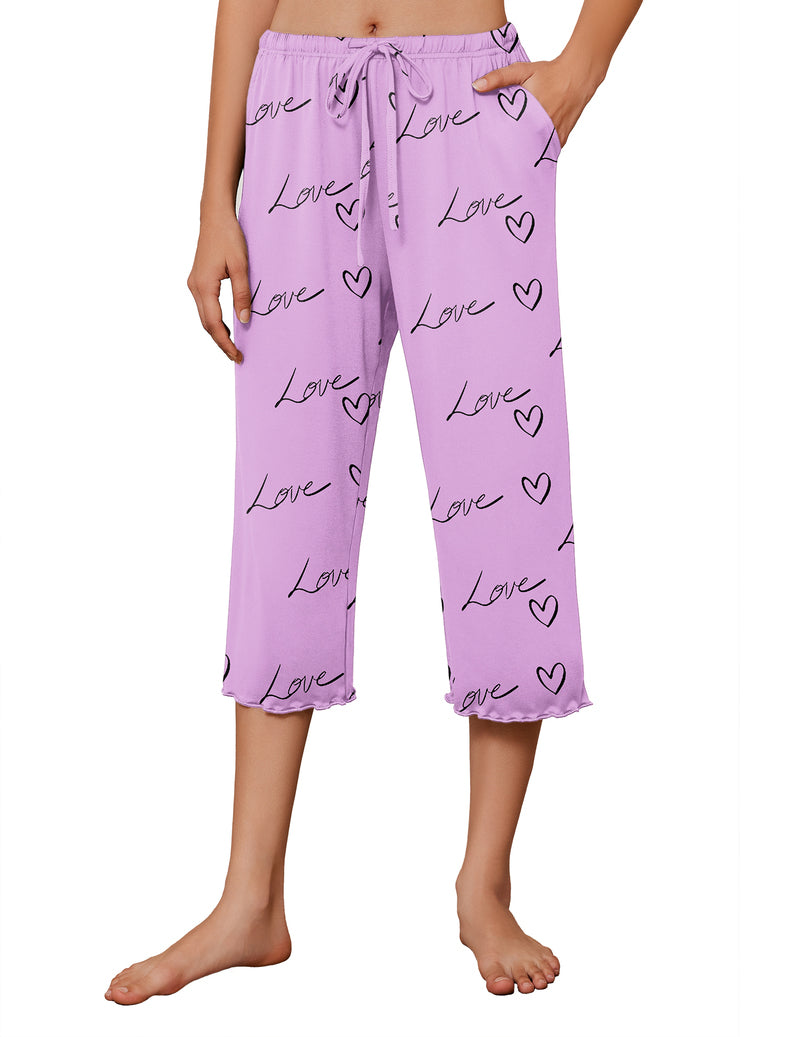 Purple capri wide-leg pajama pants with drawstring waist and heart print.
