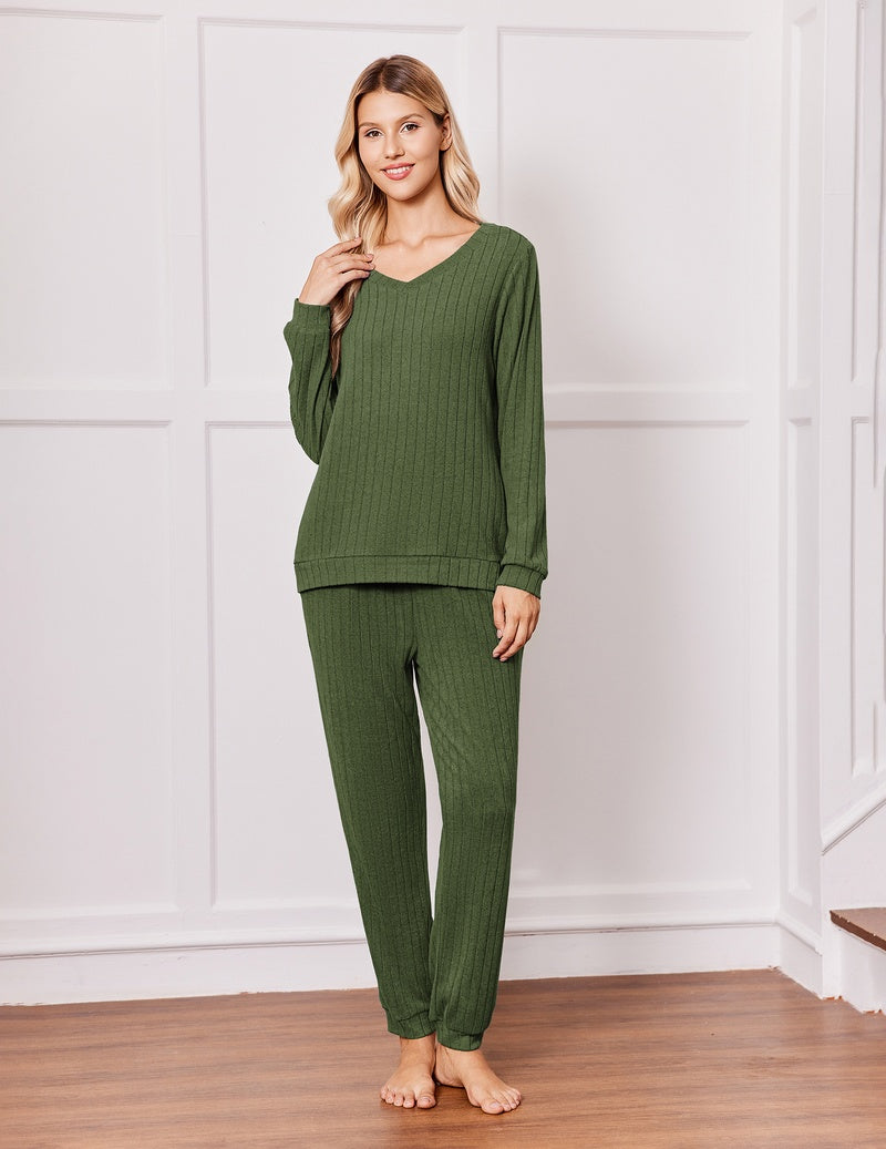 Olive green ribbed pajama set: V-neck long-sleeve top with drawstring jogger pants.