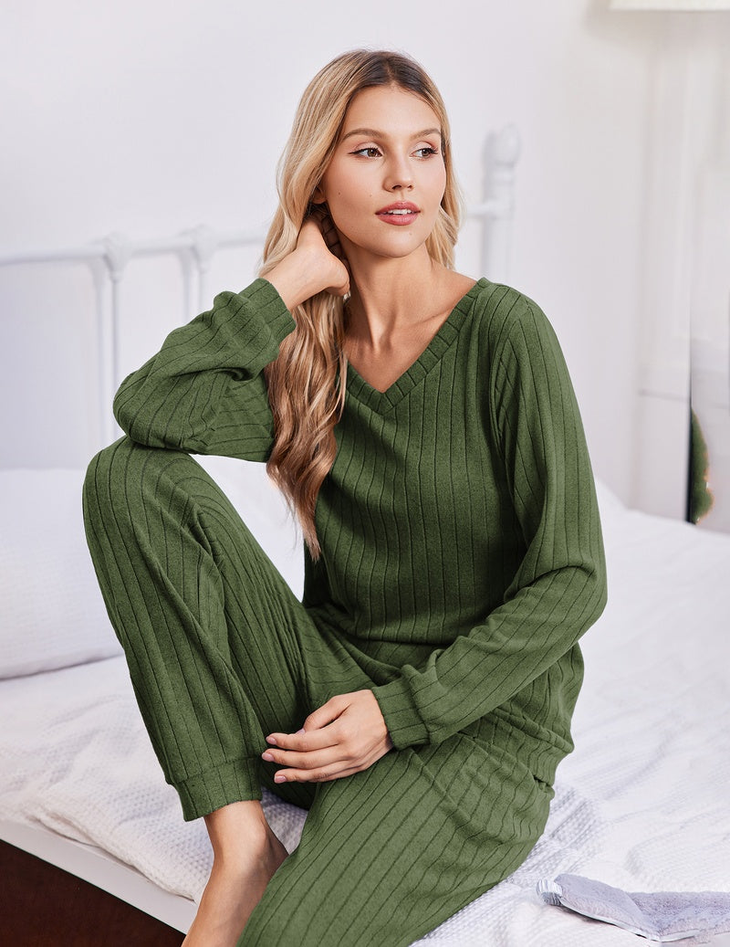 Olive green ribbed pajama set: V-neck long-sleeve top and drawstring jogger pants.