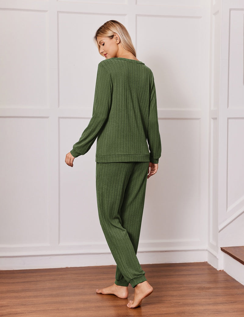 Olive green ribbed pajama set, rear view: long-sleeve top with drawstring jogger pants.
