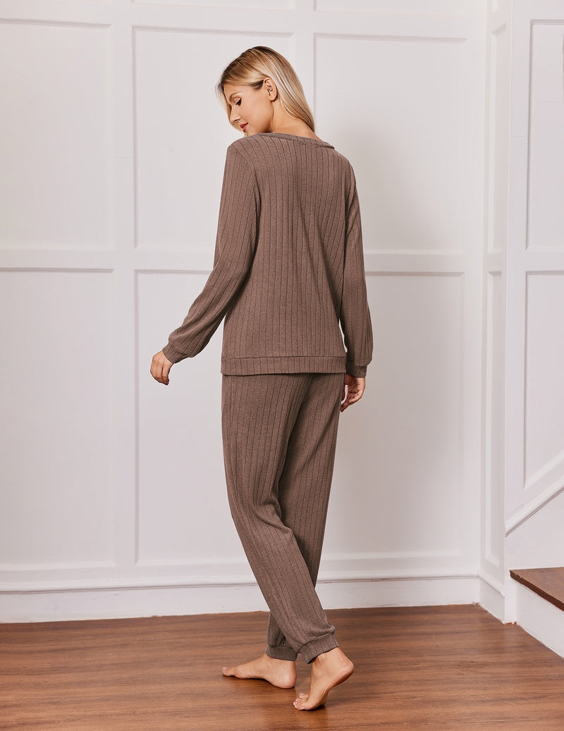 Mocha brown ribbed pajama set, rear view: long-sleeve top with drawstring jogger pants.