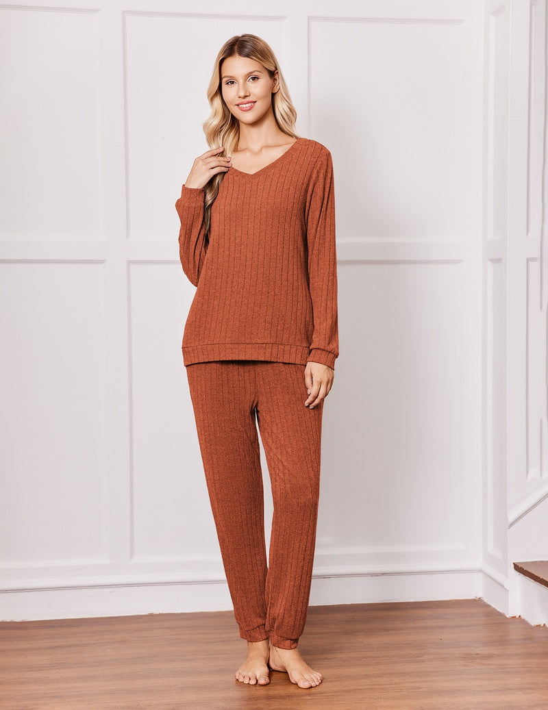 Ribbed knit pajama set with V-neck long-sleeve top and drawstring pants