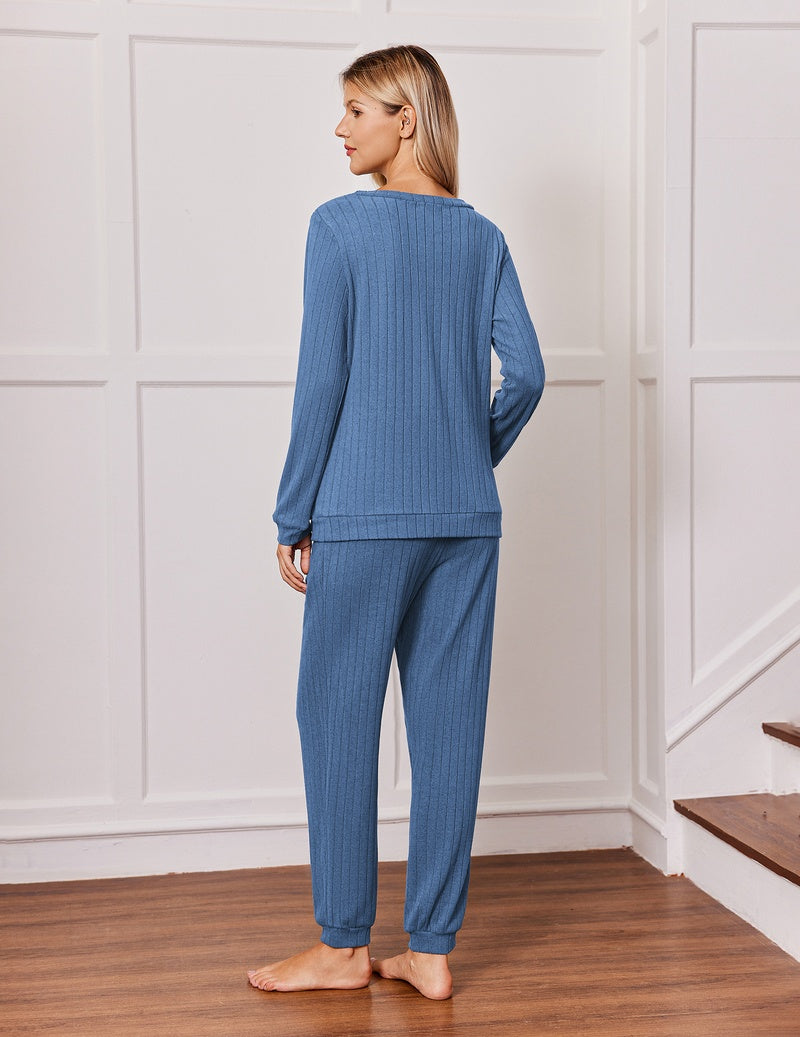 Ribbed knit pajama set with V-neck long-sleeve top and drawstring pants, blue (back view)