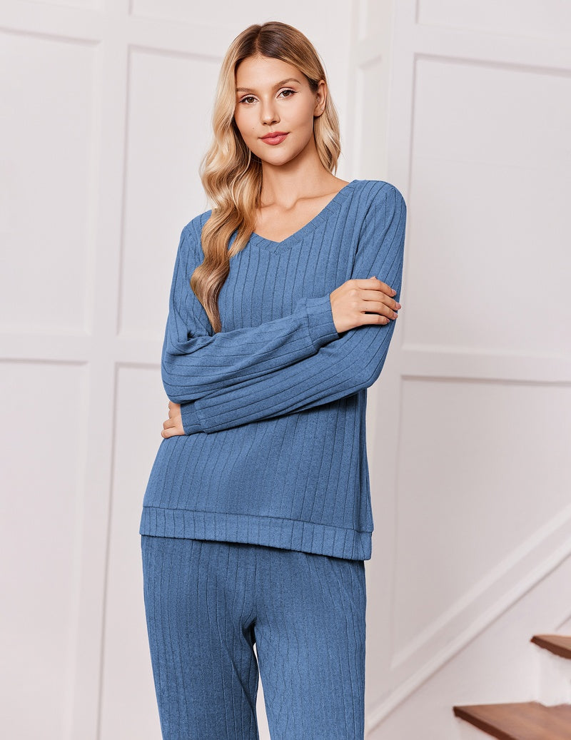 Ribbed knit pajama set with V-neck long-sleeve top and drawstring pants, blue