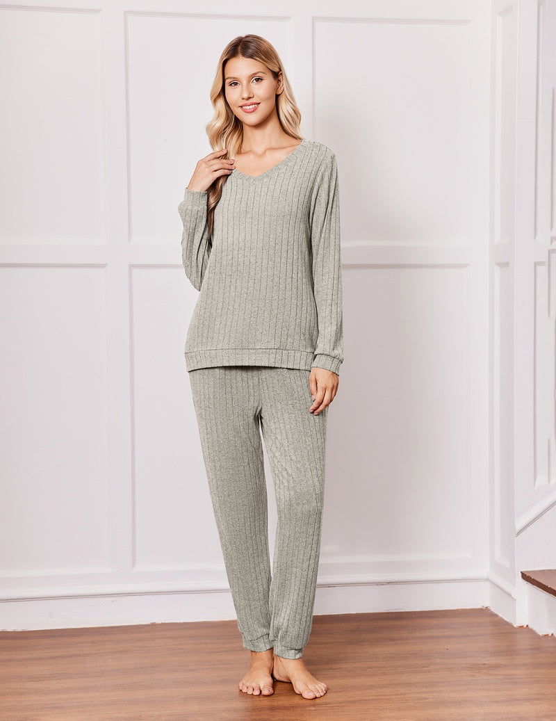 Ribbed knit pajama set with long-sleeve V-neck top and drawstring pants, light gray