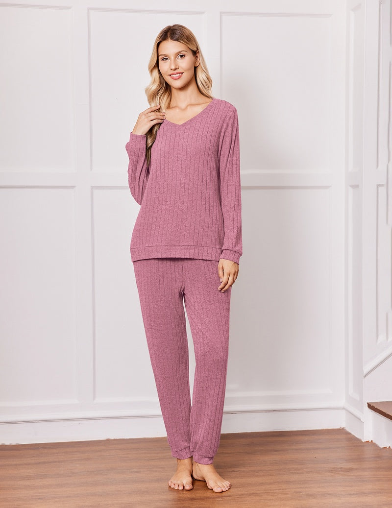 Ribbed knit pajama set with long-sleeve V-neck top and drawstring pants, dusty rose