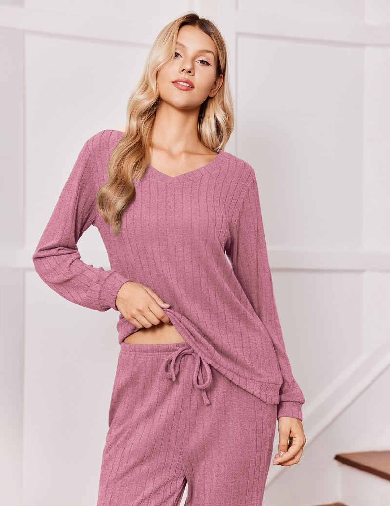 Ribbed knit pajama set with V-neck top and drawstring pants, dusty rose