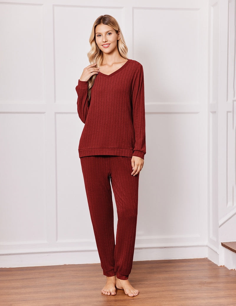 Ribbed knit pajama set with long-sleeve V-neck top and drawstring pants, wine red