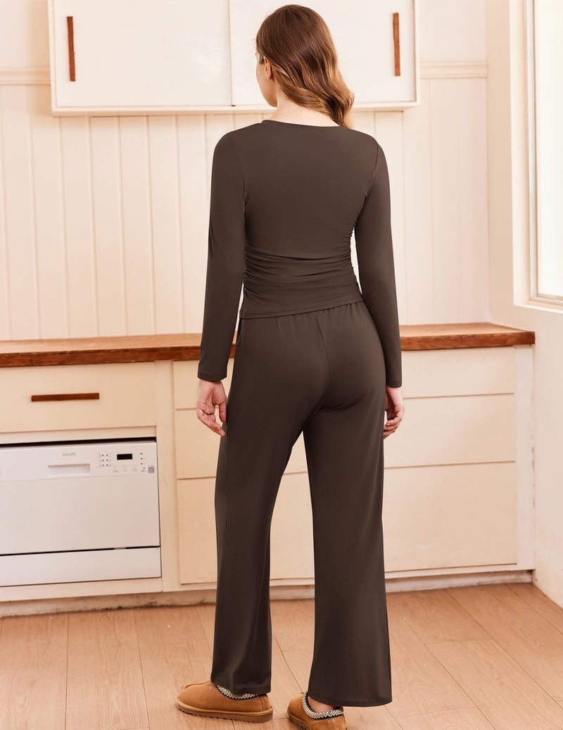 Ruched long-sleeve top and wide-leg pants set in brown with drawstring waist
